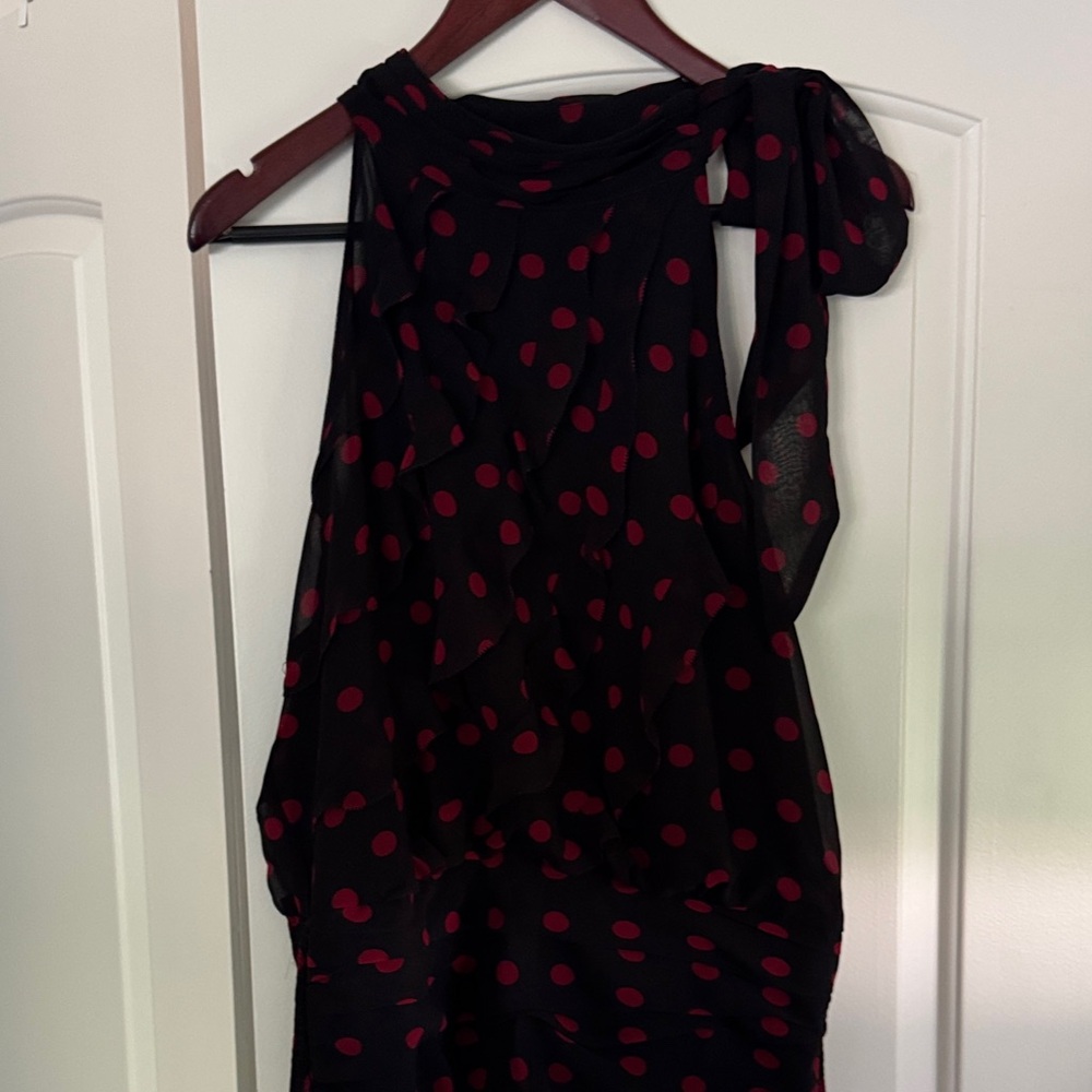 White House Black Market One Shoulder Black Dress with Red Dots